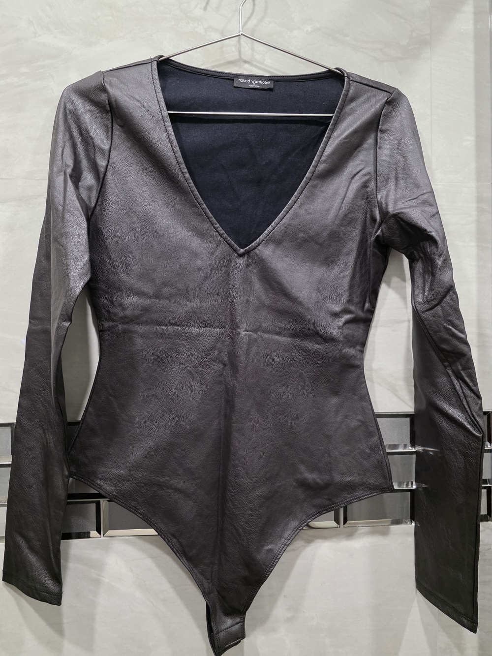 Naked Wardrobe Brown Faux Leather V-Neck Bodysuit KIMK